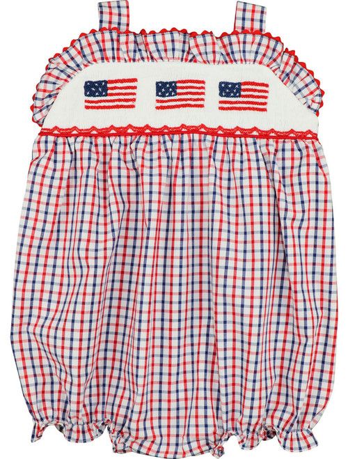Navy And Red Windowpane Smocked Flags Bubble | Cecil and Lou