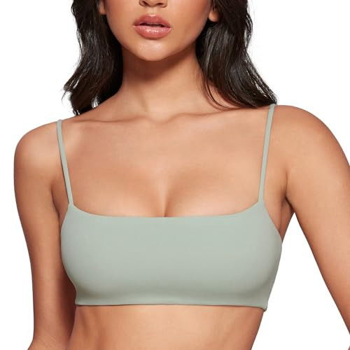 INGIA Women's Square Neck Sports Bra Spaghetti Strap Padded Cami Yoga Wireless Square Back Workout Bra Crop Top Mineral X-Small | Amazon (US)