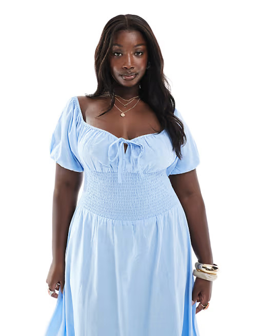 Esmee Curve Exclusive puff sleeve tie front maxi beach dress in blue | ASOS (Global)
