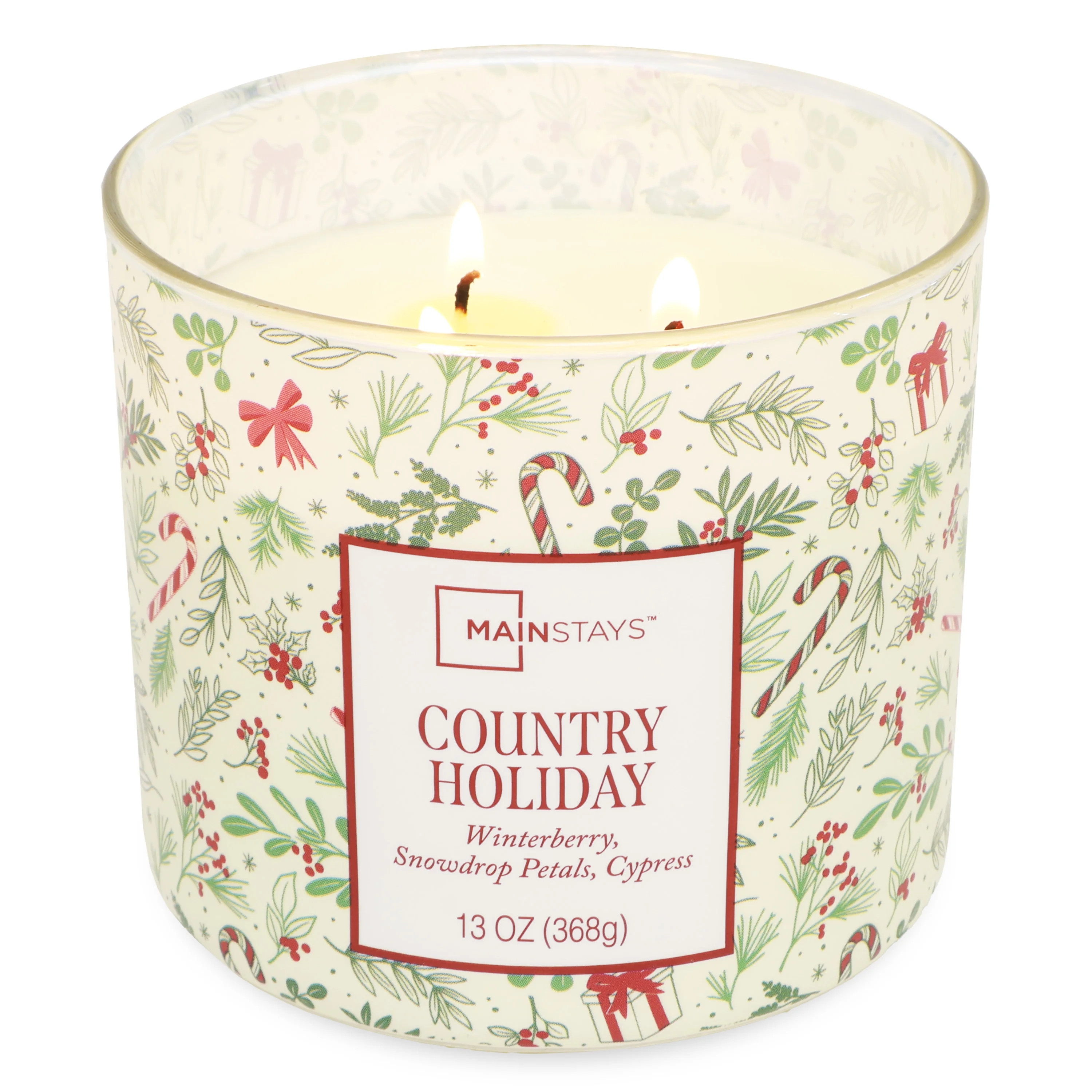 Mainstays 3-Wick Country Holiday Scented Candle with a White Garland Toss Scene Wrap, 13-Ounce | Walmart (US)