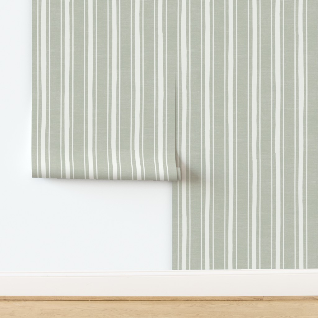 Wallpaper in grandmillennial ticking stripe imperfectly vertical walls sage green | Spoonflower