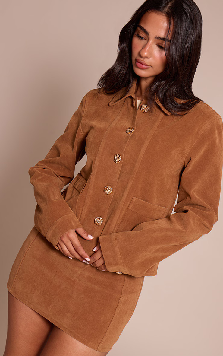 Petite Tan Suede Button Up Boxy Jacket | PrettyLittleThing UK