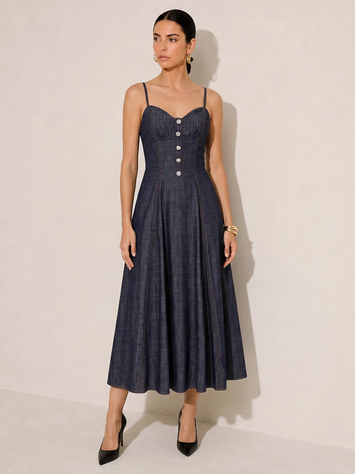 Rhinestone Decor Denim Slip Midi Dress | Commense