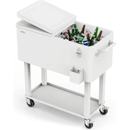 80 Quart Rolling Ice Chest Cooler Cart, Portable Outdoor Drink Beverage Bar with Shelf & Bottle Opener | Walmart (US)