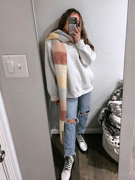 Casual oversized crewneck oversized scarf mom jean outfit for fall or winter ☃️

#LTKunder100 #LTKfit #LTKunder50