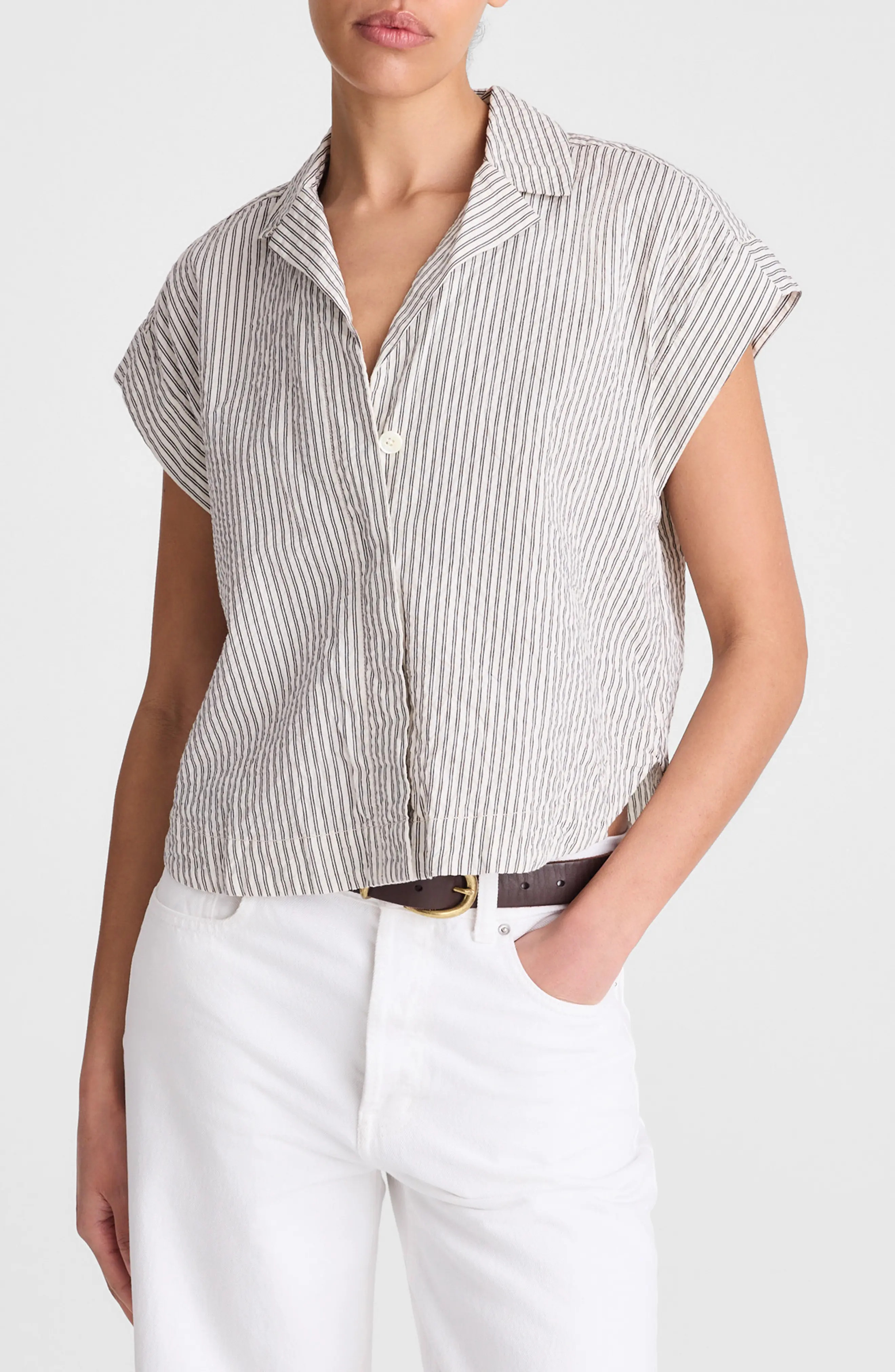 Notch Collar Stripe Cotton Seersucker Popover Shirt (Women) | Nordstrom | Nordstrom