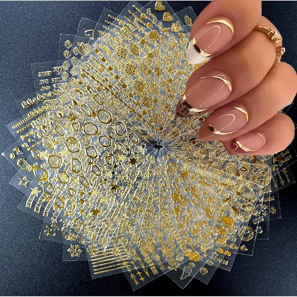 30 Sheets Gold Nail Art Stickers 3D Self-Adhesive Nail Decals Gold Line Star Nail Stickers for Ac... | Amazon (US)
