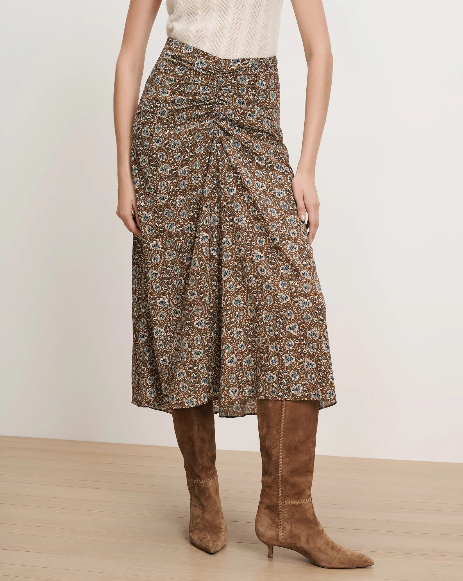 Limani Floral Midi Skirt in Tan & Blue Acorn Multi | Veronica Beard | Veronica Beard