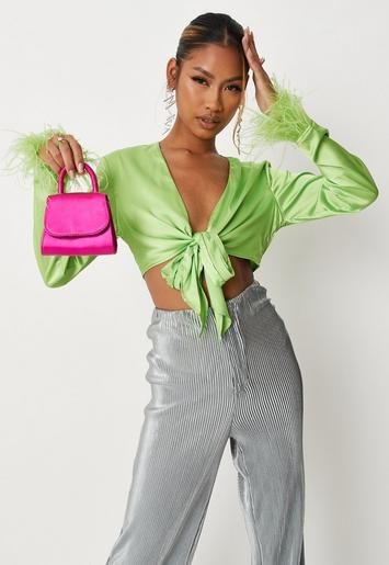Missguided - Lime Satin Feather Cuff Tie Front Blouse | Missguided (UK & IE)