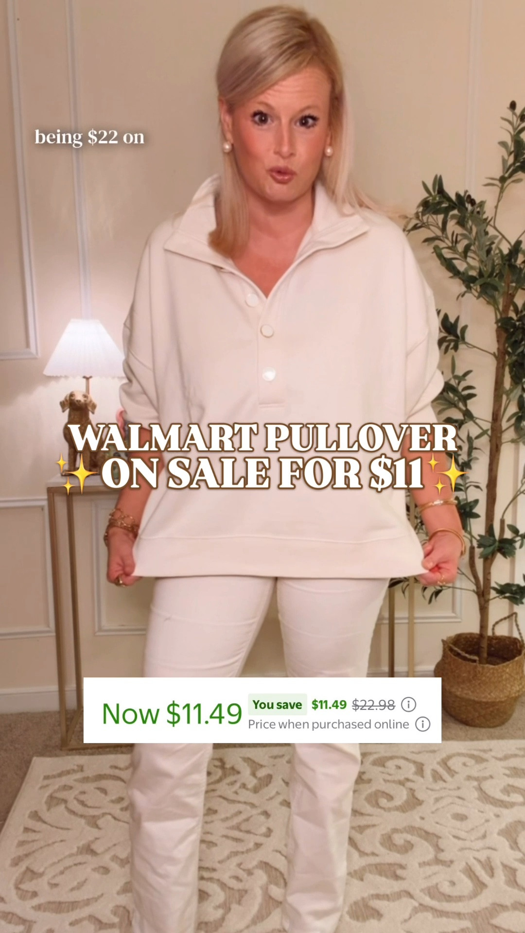 Walmart clearance | viral Walmart pullover | Tnuck Sport look for less | Varley inspired pullover | fall outfit

Walmart is playing clearance roulette with this pullover.

It dropped to $11, went back to full price, and now it is showing $11 again. I have no idea how long Walmart plans to behave, so grab the color and size you want while the clearance price is live.

This is the Time and Tru pullover that went viral and sold out last winter. The Tnuck Sport Bailey comparison comes from the high collar, quarter button placket, polished preppy silhouette, and elevated gold finish buttons.

The Varley side is the fabric and fit: soft cotton blend fleece, relaxed drape, drop shoulder sleeves, ribbed cuffs, ribbed hem, and that DoubleSoft style lounge feel.

I sized up to a large for a cozy oversized fit. Available in 6 colors. I own the cream and navy.

Wear it now with white denim, then take it into fall with jeans, leggings, joggers, tennis skirts, sneakers, loafers, quilted vests, barn jackets, or a button down underneath.

Walmart clearance, Walmart pullover, viral Walmart pullover, $11 Walmart pullover, Walmart fashion finds, Walmart style, Walmart finds, Time and Tru pullover, quarter button pullover, gold button pullover, high neck pullover, Tnuck Sport Bailey look for less, Tnuck Sport inspired pullover, Tuckernuck Sport look for less, Varley inspired pullover, Varley DoubleSoft look for less, preppy pullover, fall pullover, fall layer, preppy fall outfit, travel outfit, airport outfit, leggings outfit, school pickup outfit, designer look for less

#LTKFindsUnder50 #WalmartFinds #WalmartStyle #LTKSaleAlert #PreppyStyle #FallOutfit #TravelOutfit #LookForLess

#LTKSeasonal #LTKSaleAlert #LTKTravel