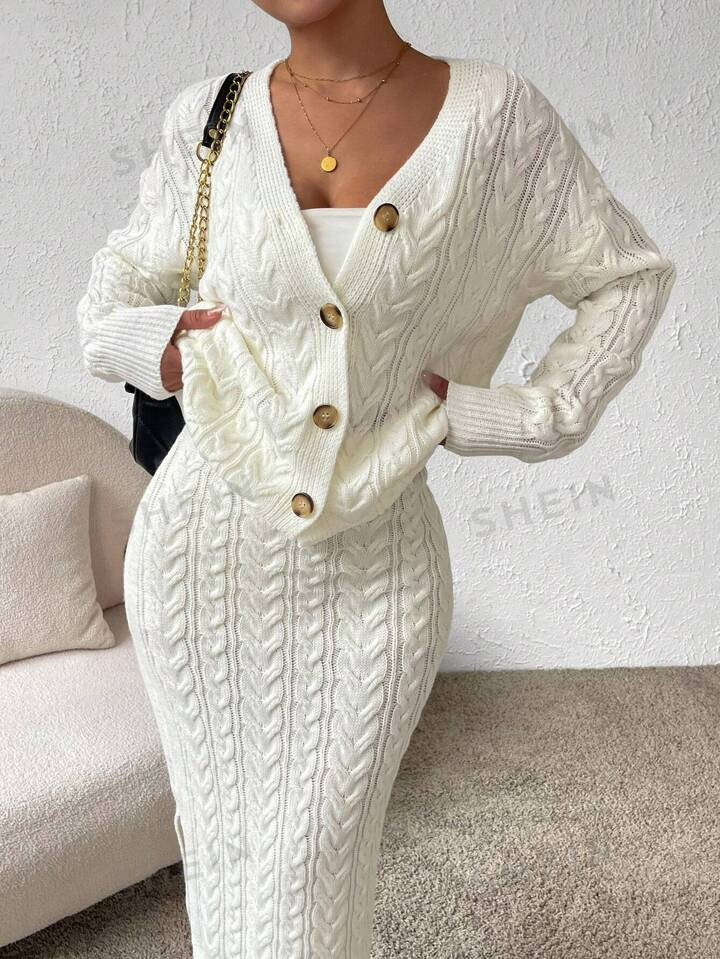 SHEIN Essnce Cable Knit Drop Shoulder Cardigan & Knit Skirt | SHEIN