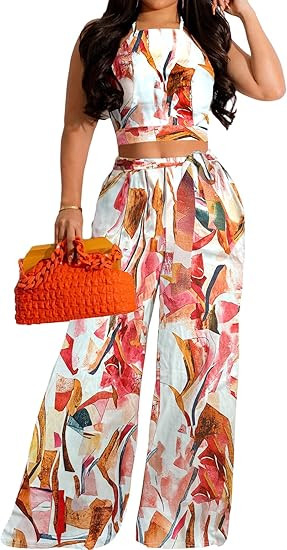Elegant 2 Piece Sets for Women Sexy Printing Crop Top Long Straight Pants Vacation Outfits Beach | Amazon (US)