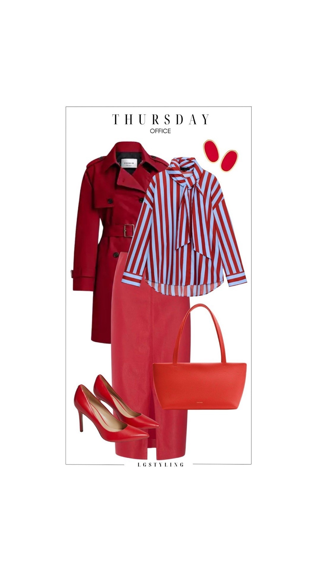 THURSDAY – Office
Color confidence for the office. A bold red trench layered over a striped tie-neck blouse makes a statement while still feeling polished and professional. The tonal red skirt and pumps create a powerful monochromatic look that instantly elevates your work wardrobe.

When in doubt, wear red.

#LTKWorkwear #PowerDressing #RedOutfit #OfficeStyle #StatementStyle #ChicWorkwear #LTKSpringStyle #ClassicStyle #BoldStyle #LTKFashion

 

#LTKootd #LTKgrwm