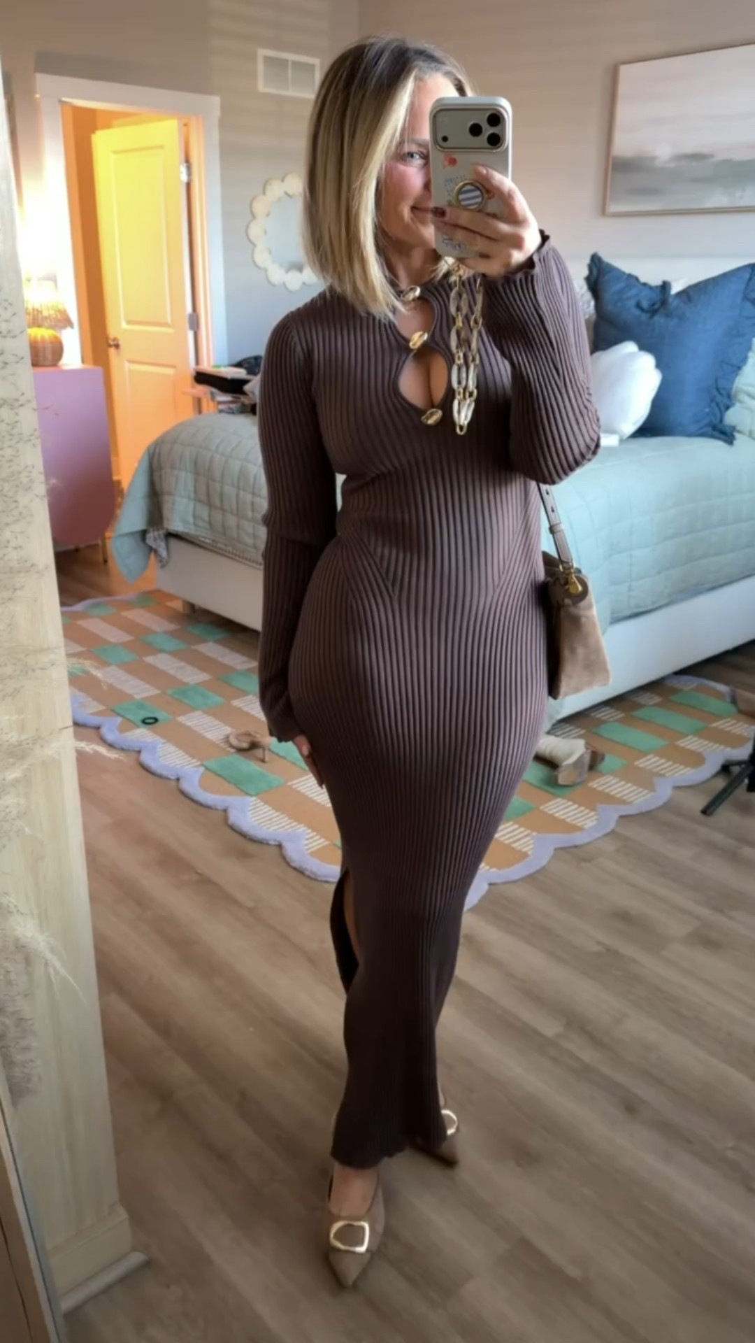 Brown-girl autumn mood locked in 🍂✨ Ribbed & ready—this dress from Future Collective at Target has the peek-cutouts, the side-slit, and all the effortless ‘who-me-looking-put-together’ energy. 🍁 #MomLifeChic 