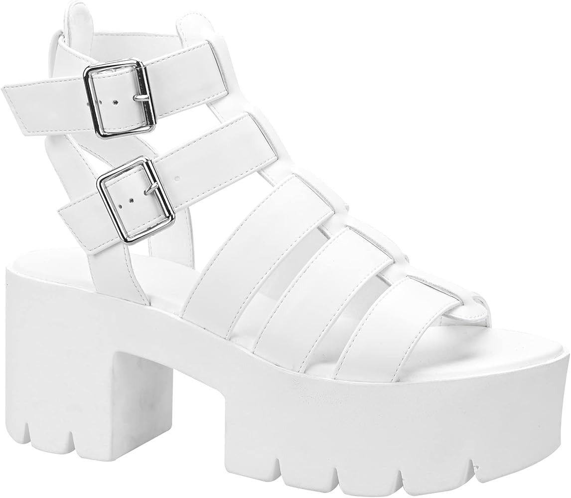 READYSALTED Faux Leather Multi Buckle Ankle Strap Flatform Gladiator Chunky Platform Caged Sandals f | Amazon (US)