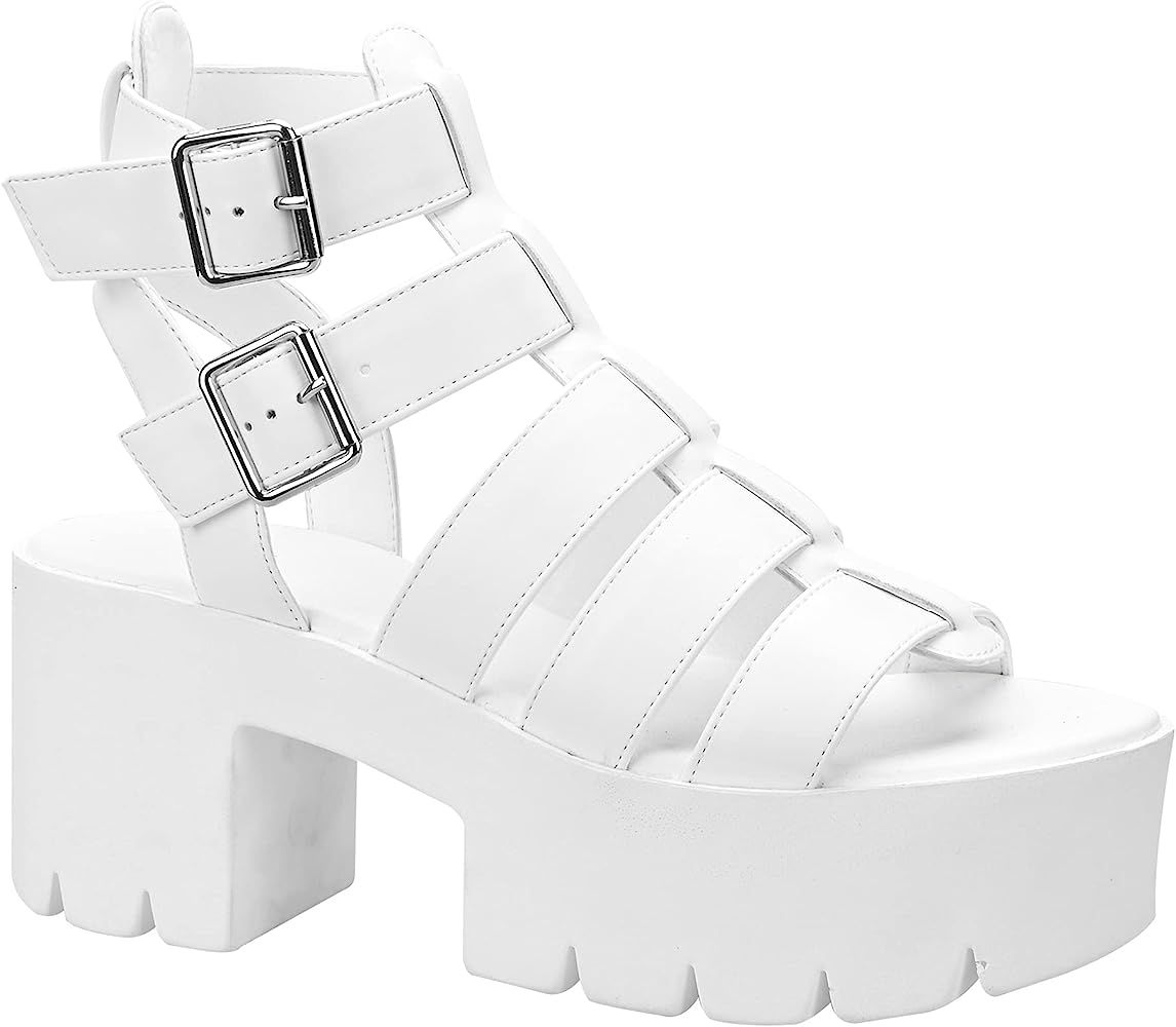 READYSALTED Faux Leather Multi Buckle Ankle Strap Flatform Gladiator Chunky Platform Caged Sandals f | Amazon (US)