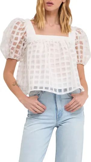 English Factory Grid Pattern Puff Sleeve Organza Top | Nordstrom | Nordstrom