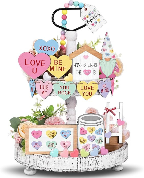 Pickmesh 21 Pcs Valentine Tiered Tray Decor Set Valentine Table Decorations Conversation Heart Wo... | Amazon (US)