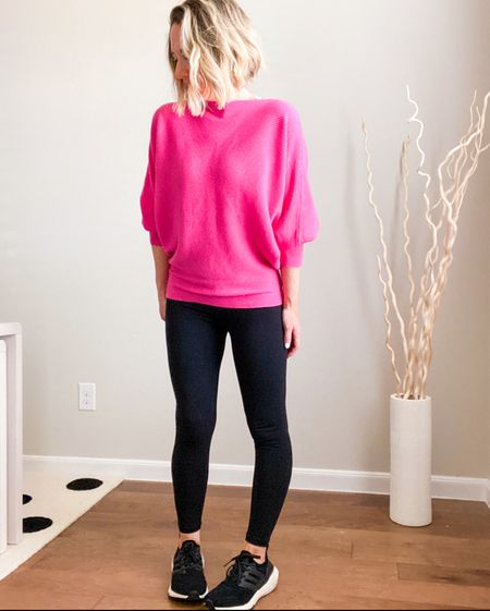 Pink sweater 
Leggings 
Sneakers 
All true to size 

#LTKshoecrush #LTKSeasonal #LTKfitness