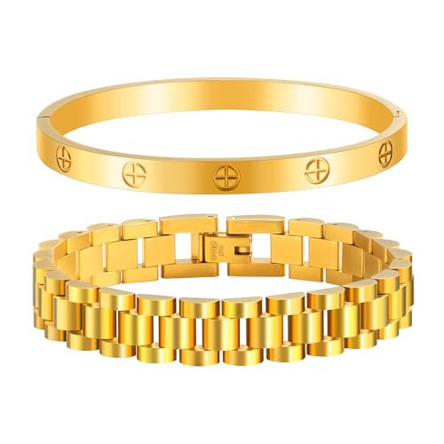 2PCS Gold Chain Link Watch Bracelet Set,18K Gold Plated Stackable Bracelets for Women,Stainless Steel Jewelry with Adjustable Tool, Non-Tarnish Friendship Love Bracelet Gift for Her. (2pcs-B Gold) | Amazon (US)