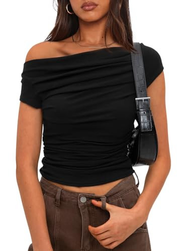 Darong Women's Summer Short Sleeve Boat Neck Off Shoulder Slim Fit Crop Top Going Out Blouses Y2K Tight Shirts 9048 Black M | Amazon (US)