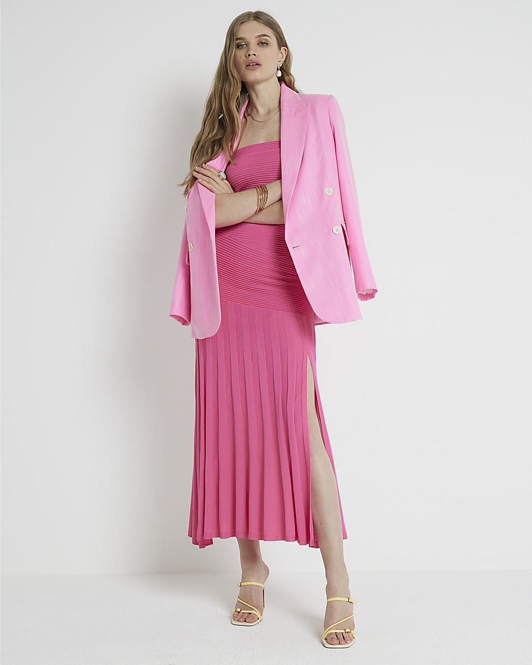 RI Studio Pink Knit Bandeau Midi Dress | River Island (UK & IE)