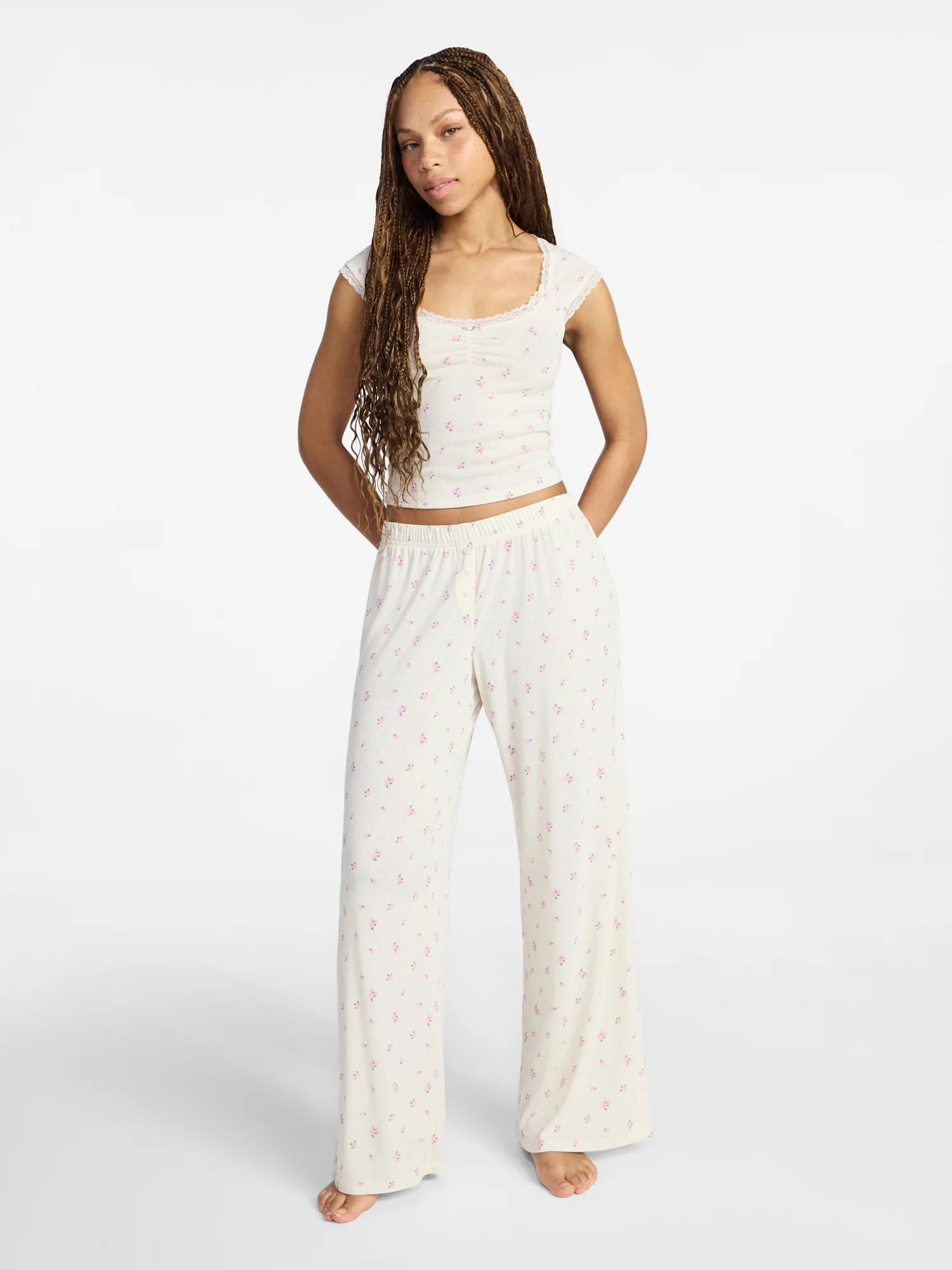 No Boundaries Pointelle Baby Tee and Pants Sleep Set, 2-Piece, Women's XXS-3X - Walmart.com | Walmart (US)