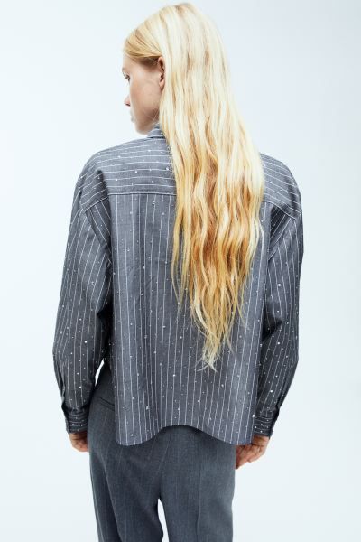 Rhinestone-embellished shirt - Dark grey/Pinstriped - Ladies | H&M GB | H&M (UK, MY, IN, SG, PH, TW, HK)
