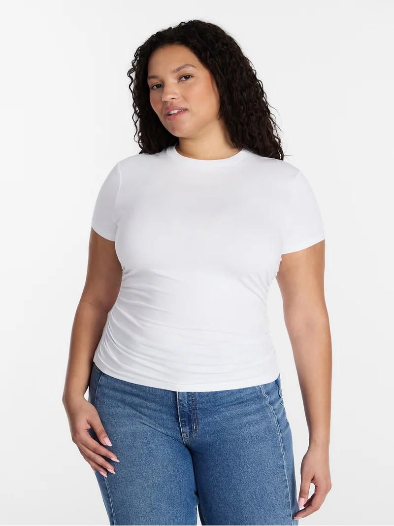 Time and Tru Women’s Ruched Tee with Short Sleeves, Sizes XS-XXXL | Walmart (US)