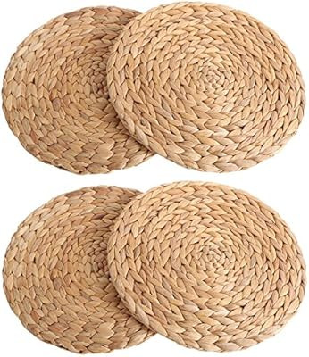 kilofly Natural Water Hyacinth Weave Placemat Round Braided Rattan Tablemats 11.8 inch x 4pc | Amazon (US)