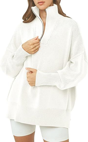 Caracilia Womens Oversized Sweaters 2023 Quarter Zip Collar Long Sleeve Drop Shoulder Rib Knit Ca... | Amazon (US)