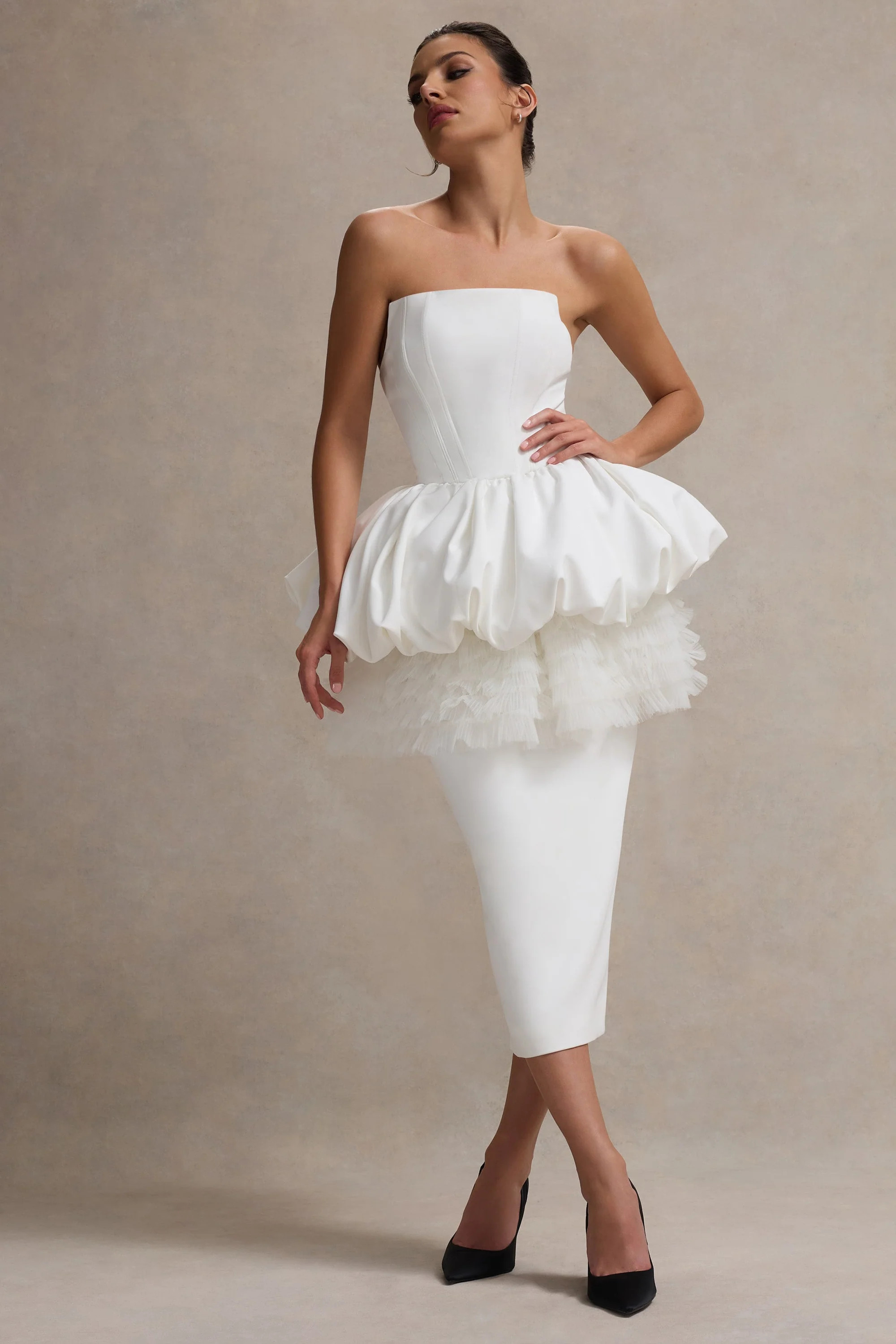 Jones  White Strapless Midi Dress With Tulle Peplum Waist | Club L London