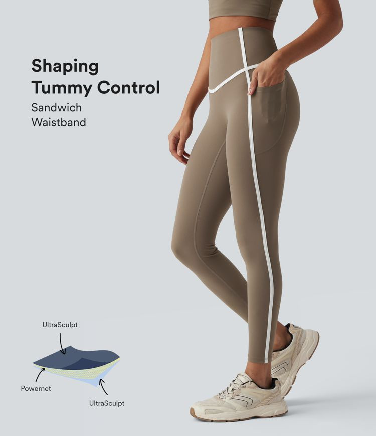 Women’s Halara UltraSculpt™ High Waisted Tummy Control Color Block Yoga 7/8 Leggings with Poc... | HALARA