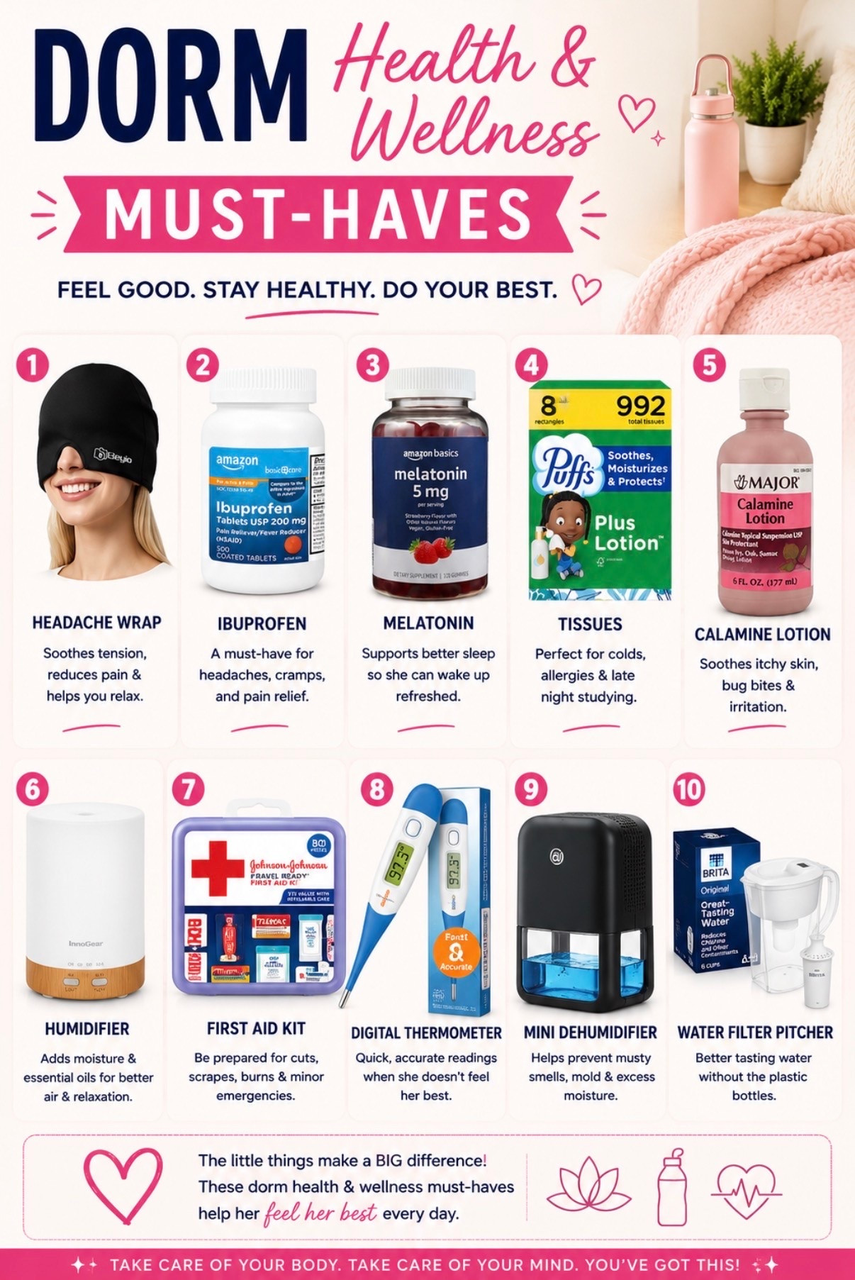 🎒❤️ College is stressful enough—don’t let being unprepared make it worse.

Whether it’s a headache before an exam, dry dorm air, allergy season, or a late-night fever, these are the Dorm Health & Wellness Must-Haves every college student should have from day one.

These are the products I recommend to help students stay healthy, sleep better, and feel their best all semester long. 🙌

✨ Prime Days are the perfect time to stock up before move-in!

✔️ Headache wrap
✔️ Ibuprofen
✔️ Melatonin
✔️ Lotion tissues
✔️ Calamine lotion
✔️ Humidifier
✔️ First aid kit
✔️ Digital thermometer
✔️ Mini dehumidifier
✔️ Brita water filter pitcher

Save this list now so you’re not scrambling later! 💕

#LTKU #LTKmomlife #LTKselfcare