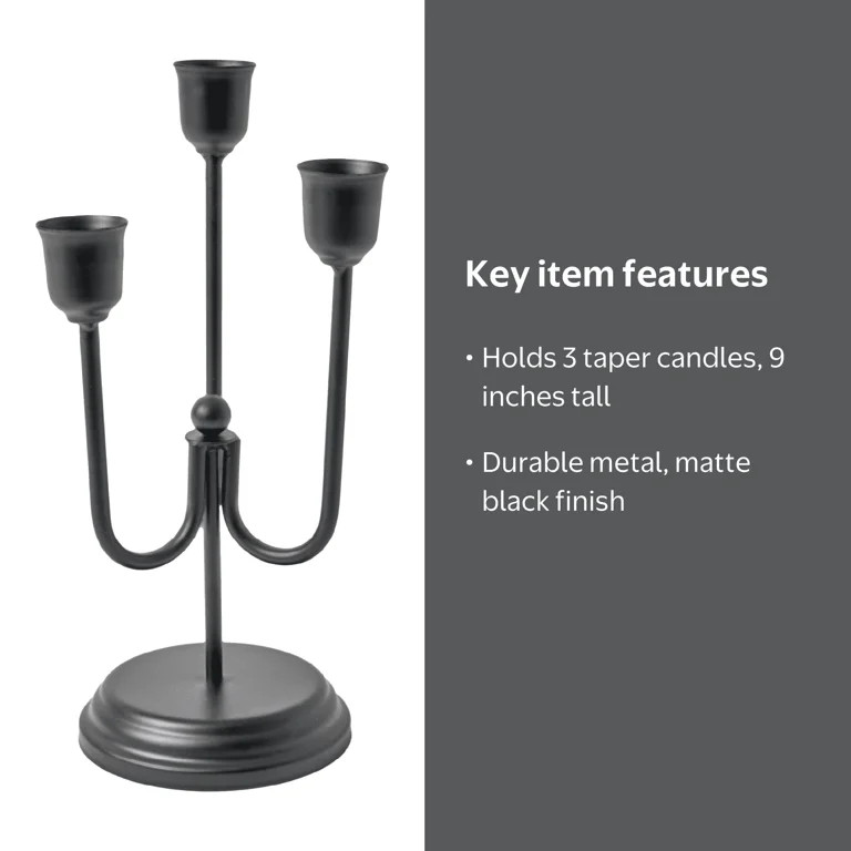 Home Decor Collection 3-Arm Black Metal Taper Candle Holder \u2013 Elegant Gothic Decor for Hallo... | Walmart (US)