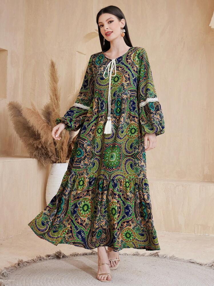 Al Najma Paisleyprint Lantern Mouwen Jurken Met Geknoopt Halslijn | SHEIN