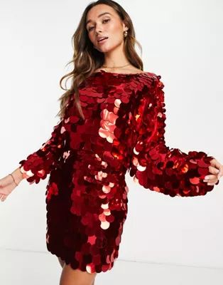 ASOS DESIGN slouchy embellished mini dress in red oversized disc sequin | ASOS (Global)