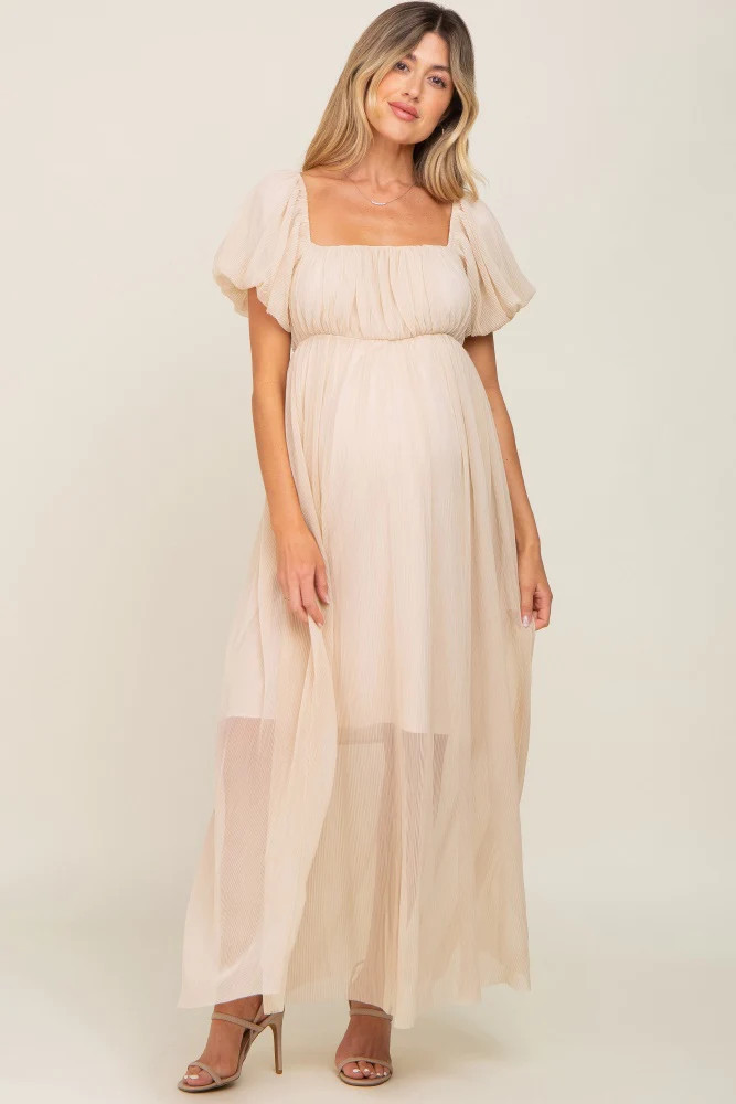 Beige Pleated Puff Sleeve Maternity Maxi Dress | PinkBlush Maternity
