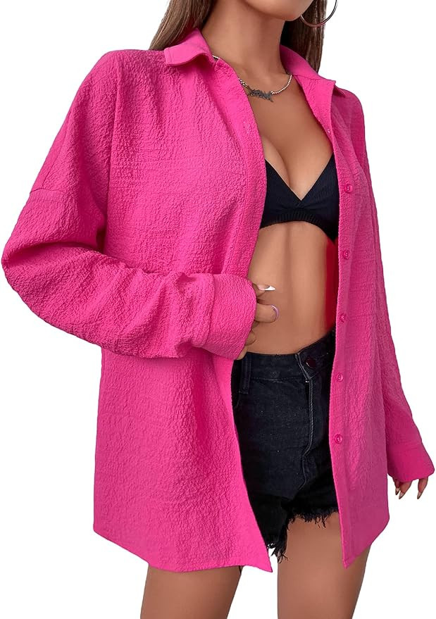 MakeMeChic Women's Oversized Button Down Shirts Collared Button Up Shirt Blouse Top Hot Pink M at... | Amazon (US)
