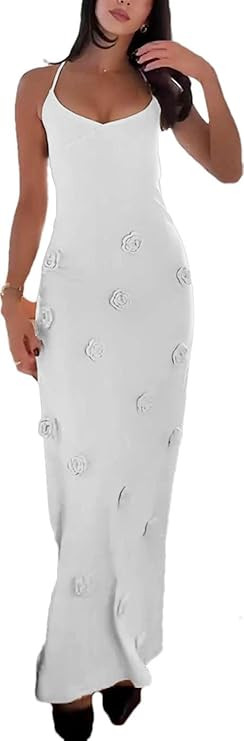 Women's Knit Maxi Dress Spaghetti Strap Floral Dresses Bodycon Knitted Beach Long Dress Backless ... | Amazon (US)