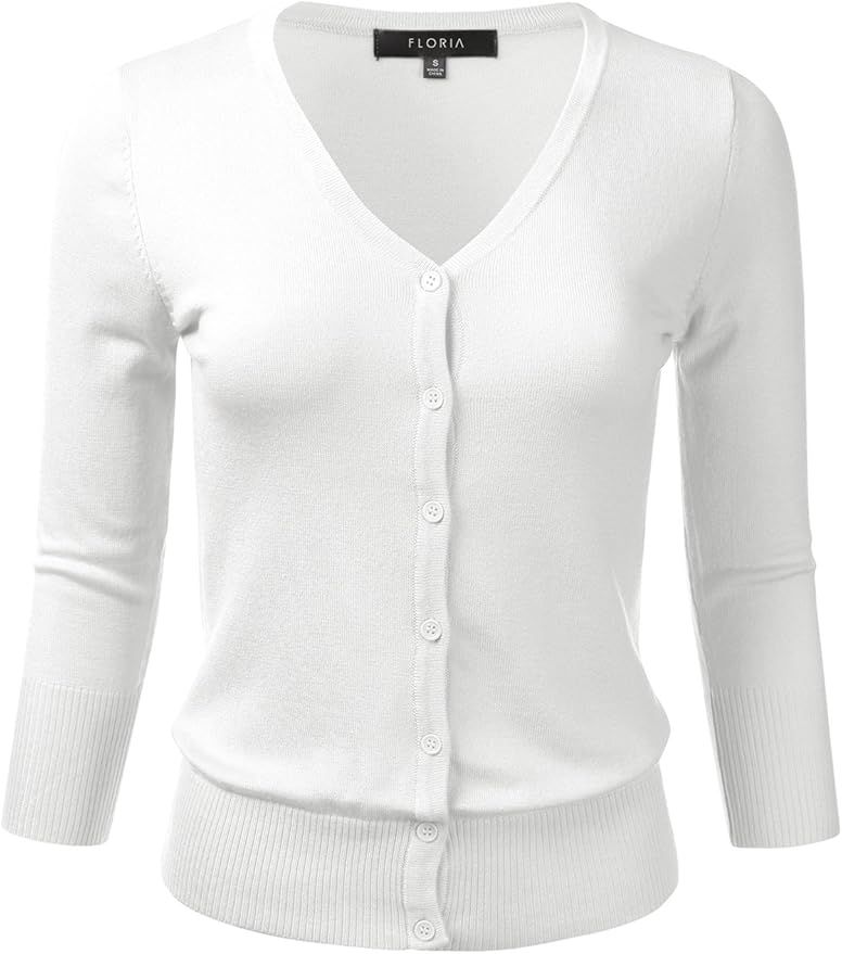 FLORIA Women's Button Down 3/4 Sleeve V-Neck Stretch Knit Cardigan Sweater (S-3X) | Amazon (US)
