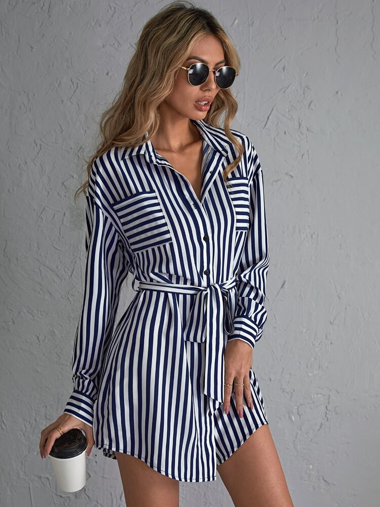 Patch Pocket Belted Striped Shirt Dress | SHEIN