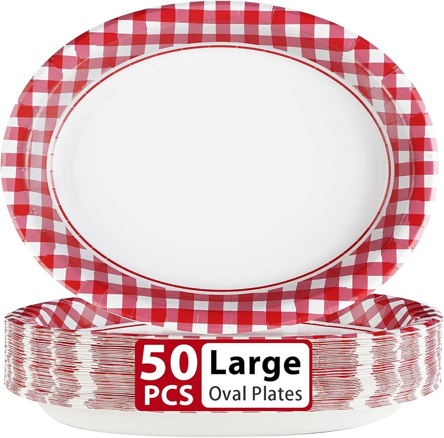 50Pcs Gingham Oval Paper Plates 10" x 12" Large Disposable Heavy Duty Red and White Buffalo Check... | Amazon (US)