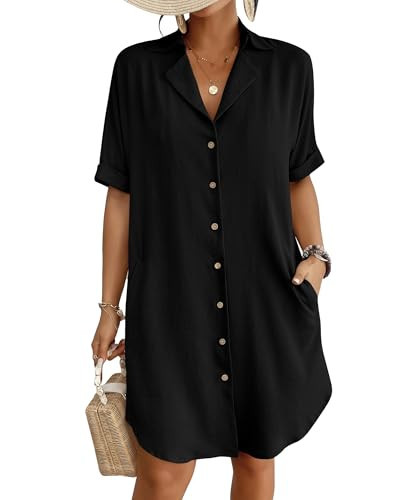 Bsubseach Button Down Beach Cover Ups for Women Bikini Swimsuit Coverup Shirt Dress Casual Vacation Outfits Black M | Amazon (US)