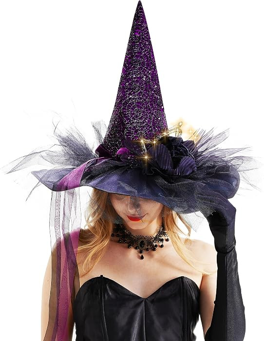 Women's LED Lighted Witch Hat Halloween Costume with Gauze Feathers | Amazon (US)