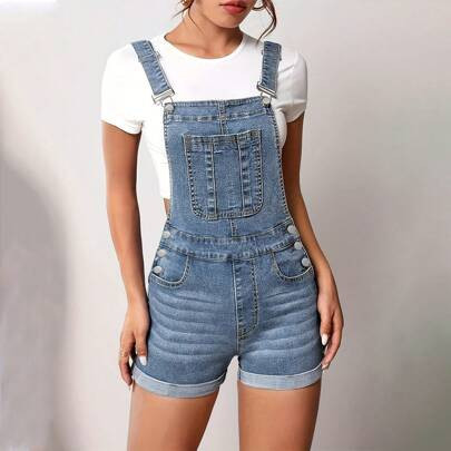 Women's Rolled Hem Denim Overall Shortalls, Stretchy Casual Streetwear Style, High-Stretch Brief Denim Romper With Slant Pockets, No Belt, Solid Color | SHEIN