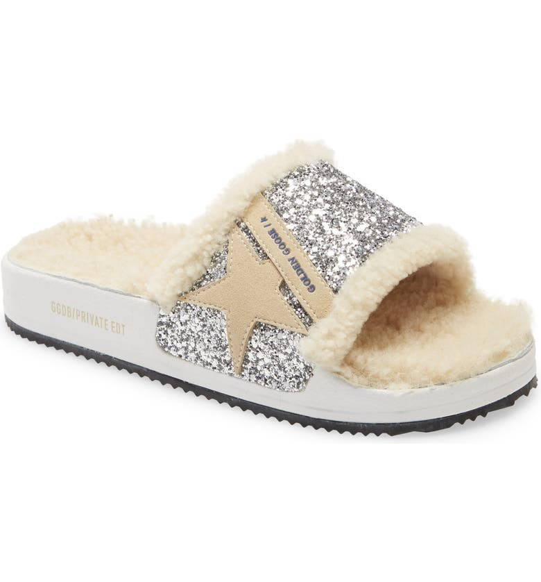 Poolstar Genuine Shearling & Glitter Slide Sandal | Nordstrom
