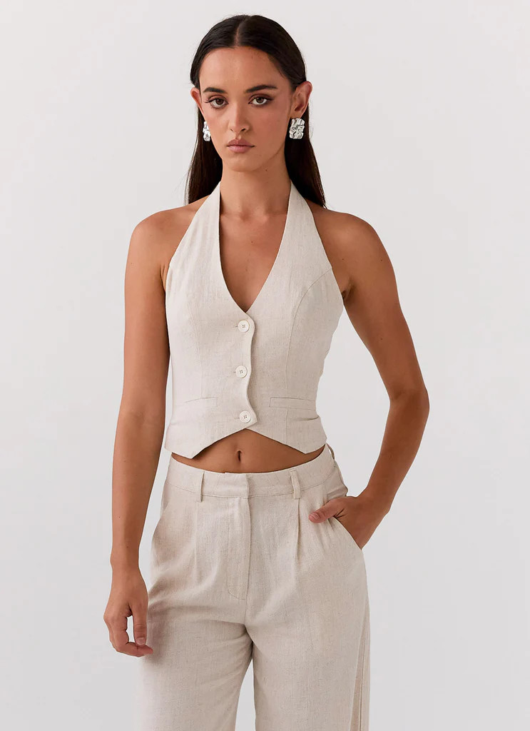 Ambrosa Halterneck Linen Vest - Oatmeal | Peppermayo (Global)