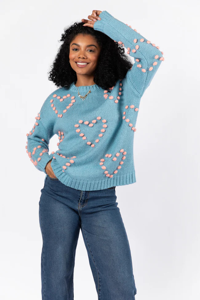 Adore You Blue and Pink Oversized Heart Pom Sweater | Pink Lily