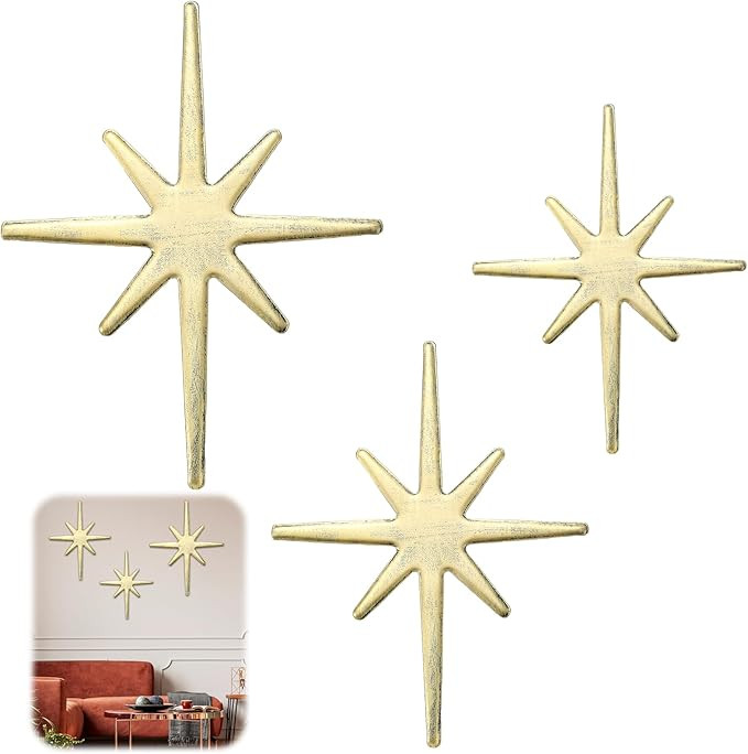 Blulu 3 Pcs Cast Iron Starburst Eclectic Wall Hangings Metal Mid Century Modern Home 8 Pointed St... | Amazon (US)